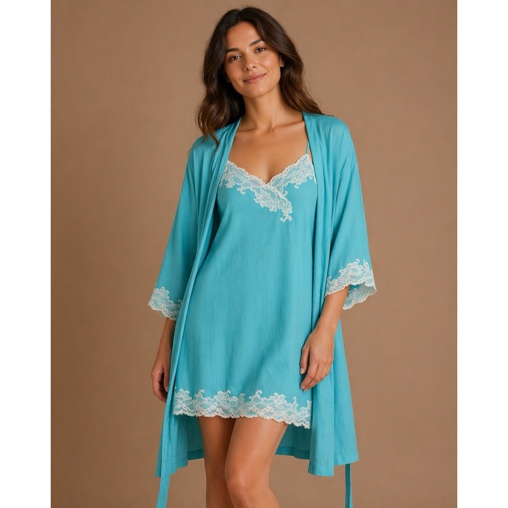 Natori Aqua Blue Cotton Voile Lace Trim Chemise 2pc Robe Set XL Lingerie